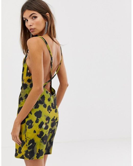 Asos Bias Cut Mini Dress In High Shine Satin With Drape Neck In