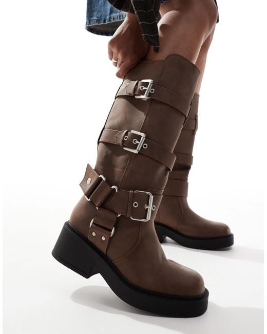 ASOS Blue Captain Multi-Buckle Biker Knee Boots