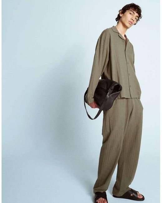 Topman Green Boxy Oversized Fit Long Sleeve Button Through Jersey Shirt With Seersucker for men