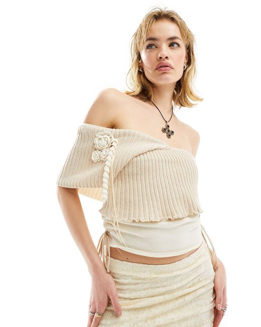 Collusion Natural Knitted Plated Bardot Top With Corsage