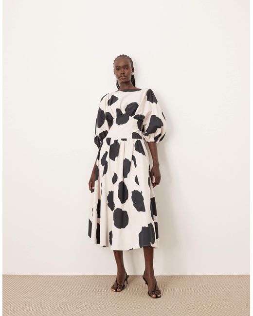 ARRANGE Natural Cotton Cinched Waist Midi Dress With Balloon Sleeve