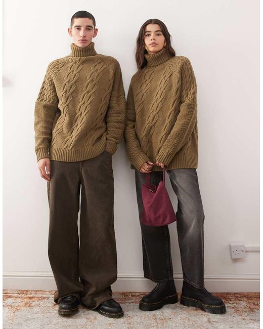 Reclaimed Vintage Brown Unisex Mixed Cable Knitted Roll Neck Jumper