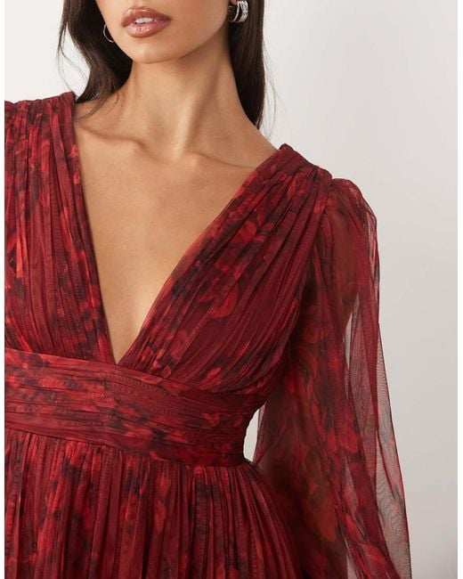LACE & BEADS Tulle Sheer Balloon Sleeve Plunge Neck Tiered Maxi Dress