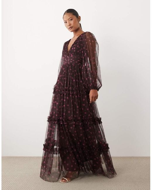 LACE & BEADS Brown Tulle Sheer Balloon Sleeve Plunge Neck Tiered Maxi Dress