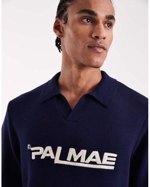 ASOS Blue Oversized Knit Notch Neck Polo Shirt With Palmae Graphic for men