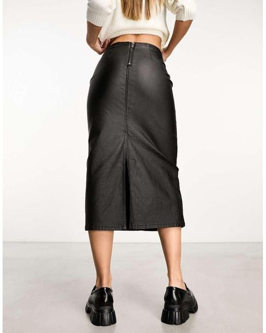 Stradivarius Black Seamed Detail Coated Denim Midi Skirt