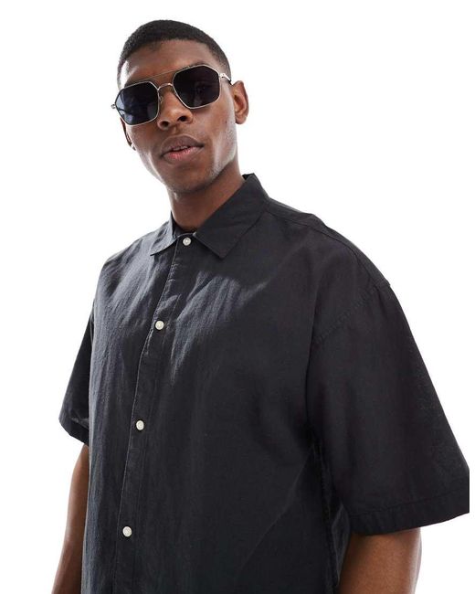 Camisa Negra Extragrande De Mezcla De Lino De Jack & Jones de hombre de color Blue