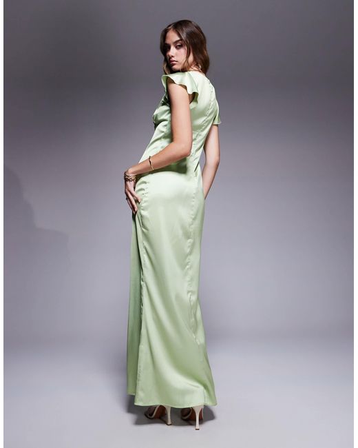 Princess Polly Gray Satin Plunge Lace Trim Flutter Sleeve Maxi Dress