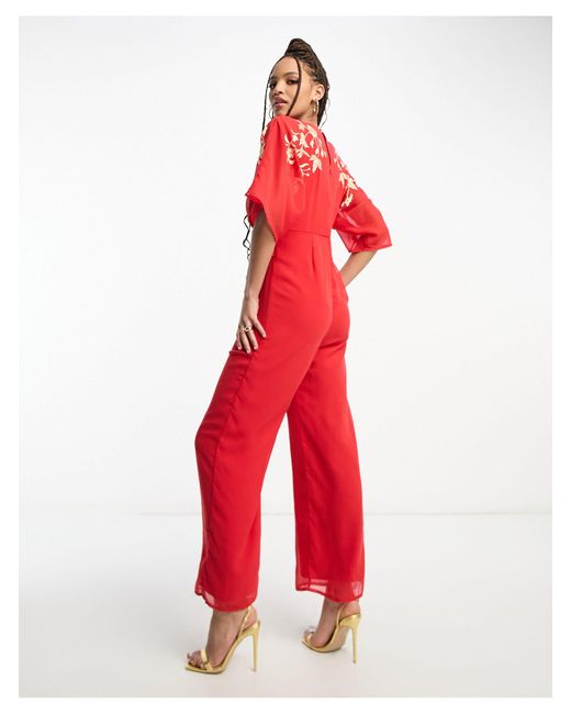 Hope & Ivy Kimono Front Embroide Jumpsuit in Red | Lyst