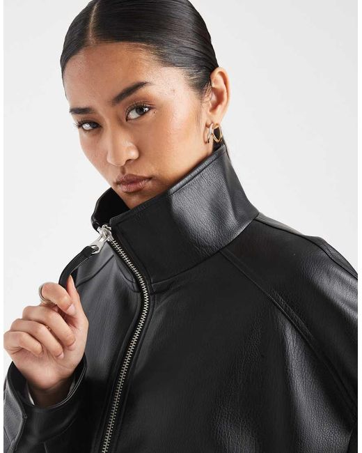 ASOS Black Oversized Leather Look Funnel Bomber Jacket