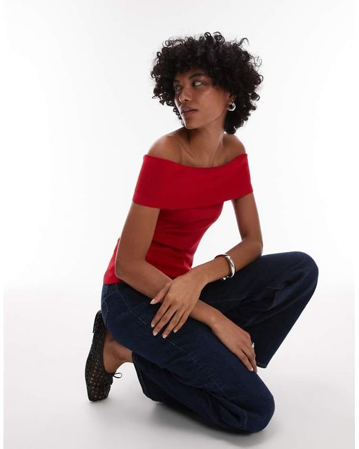 Mango Red Compact Knit Bardot Top