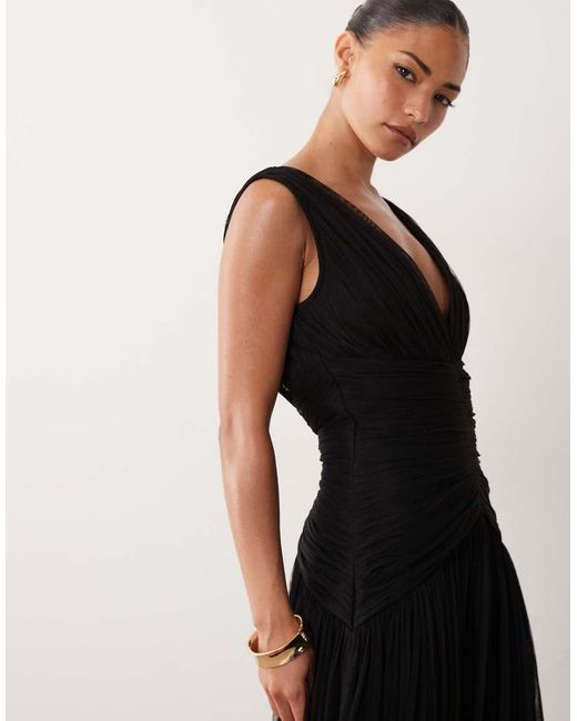 LACE & BEADS Black Bridesmaid Tulle Sleeveless Dropped Waist Tiered Hem Maxi Dress