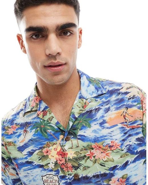 Polo Ralph Lauren Blue Short Sleeve Revere Collar Surf Scenic Print Rayon Shirt Classic Fit for men