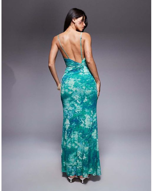 ASOS Blue Printed Mesh Maxi Dress With Hardware Ruffle Detail