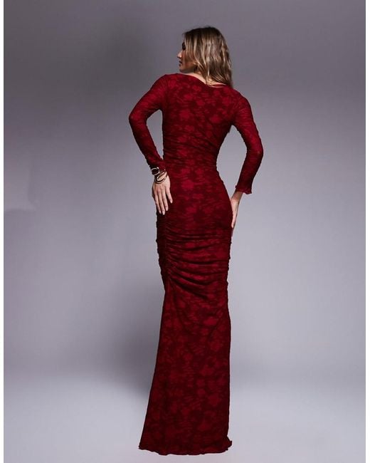 ASOS Red Devore Long Sleeve Ruched Maxi Dress