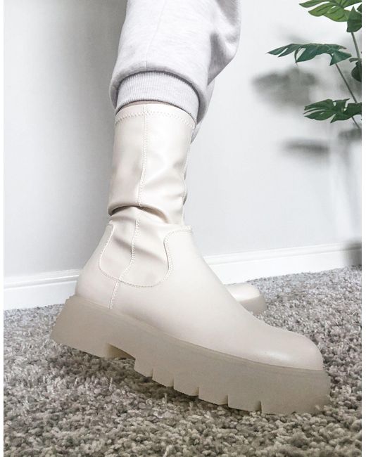 Bershka Faux Leather Chunky Sock Boot in White | Lyst Canada