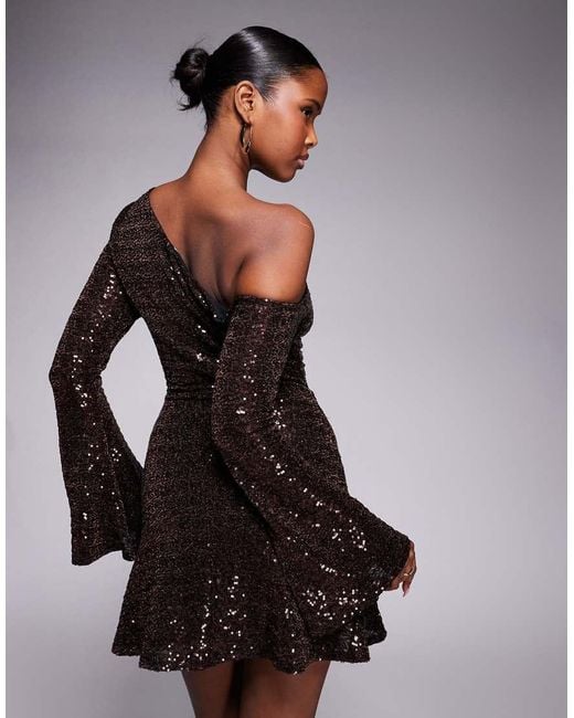 ASOS Black Off Shoulder Sequin Angel Sleeve Mini Dress