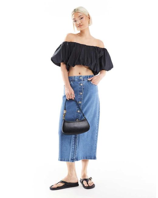 Vero Moda Blue Button Front Midi Denim Skirt