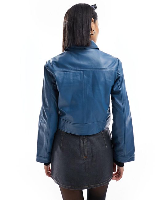 Muubaa Blue Minimal Boxy Fit Leather Jacket
