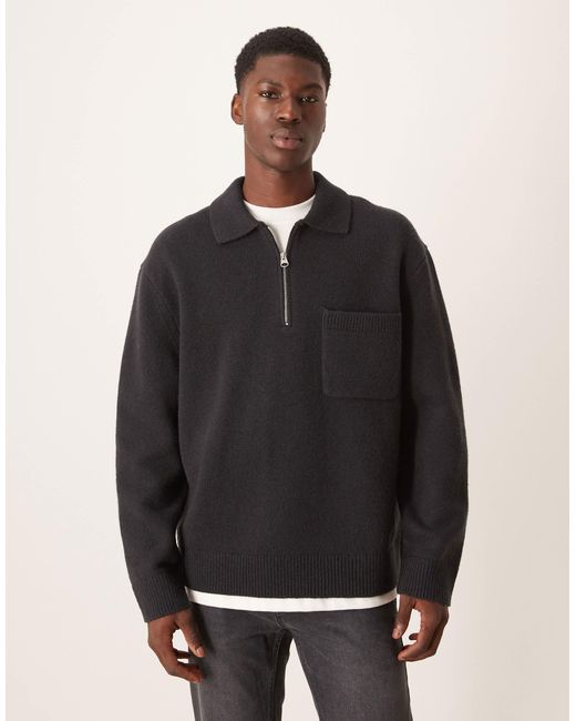 ARKET Black Half Zip Oversized Wool Polo Jumper for men