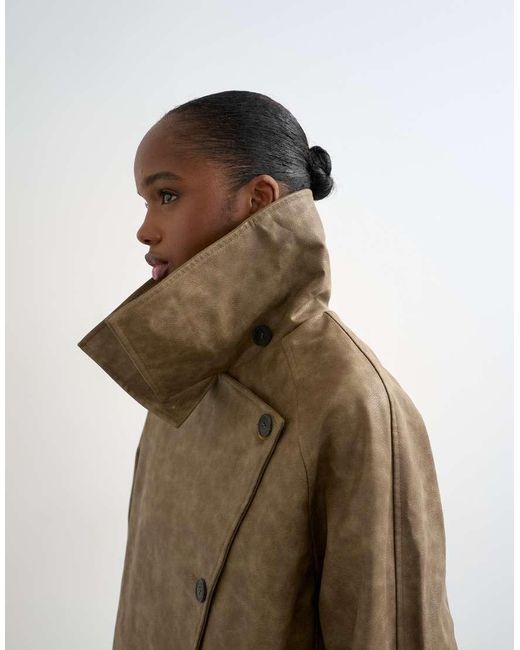 TOPSHOP Brown Faux Leather Asymmetric Oversized Bomber With Funnel Neck