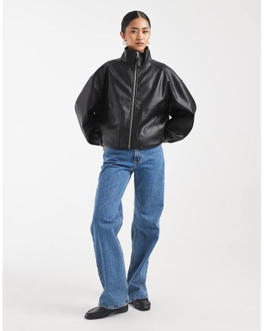 ASOS Black Oversized Leather Look Funnel Bomber Jacket