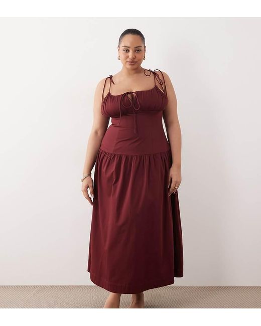 ASOS Asos Design Curve Structured Cotton Sateen Tie Bust Dropped Waist Maxi Sundress