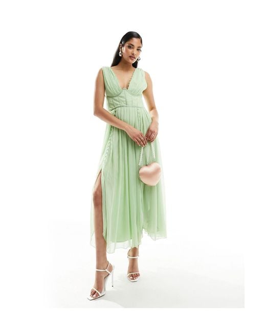 ASOS Green Corset Plunge Pleated Midi Dress With Button Detail