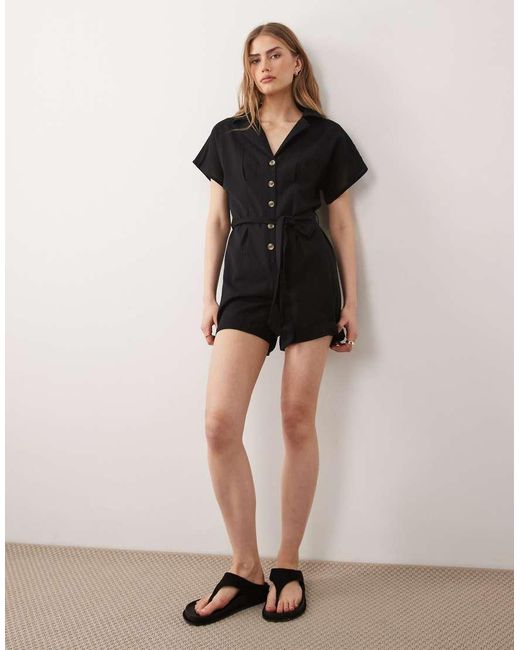 Wednesday's Girl Black Button Tie Linen Playsuit