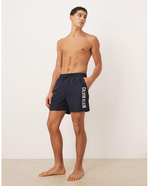 Calvin Klein Blue Contrast Side Script Swim Trunks for men