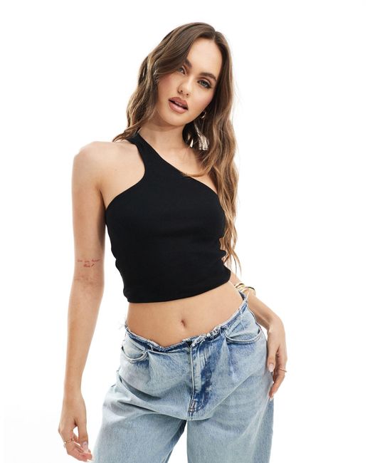 Crop top asymétrique côtelé double épaisseur à découpe ASOS en coloris Blue