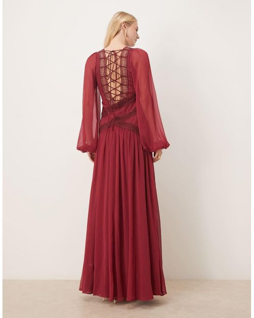 ASOS Red Asos Design Tall Long Sleeved Asymmetric Neckline Maxi Dress With Lace Trim