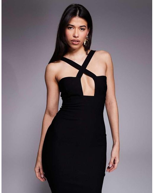 Vesper Blue Cross Strap Bodycon Midaxi Dress With Bust Cut Out