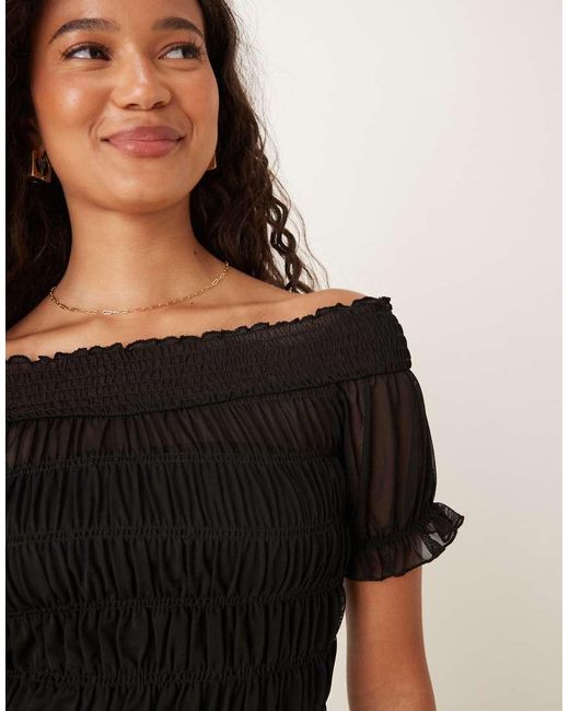 ASOS Black Bardot Shirred Short Sleeve Top