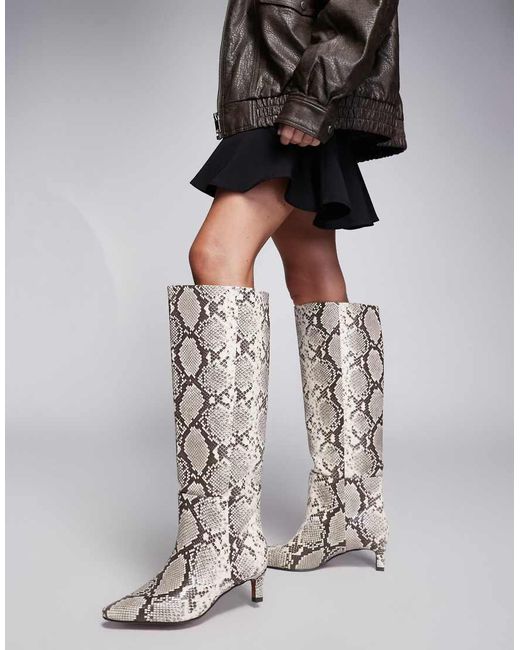 River Island Black Snakeskin Print Knee Boots With Low Heel
