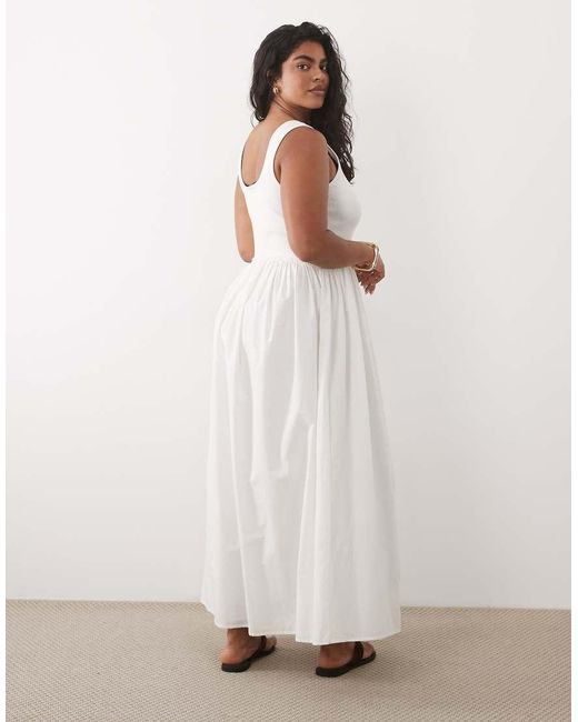 ASOS White Asos Design Curve Scoop Ribbed Bodice With Poplin Skirt Midi Dress