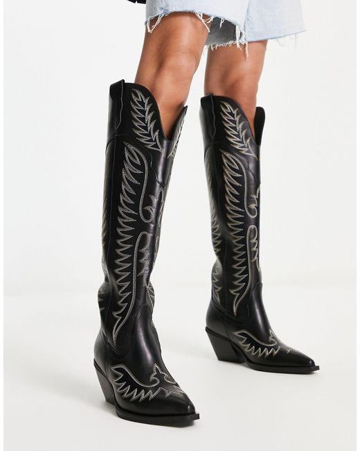 ASOS Black Chester Contrast Stitch Western Knee Boot