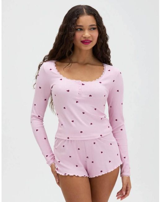 Boux Avenue Pink Heart Ribbed Short Pyjama Set With Long Sleeved Top