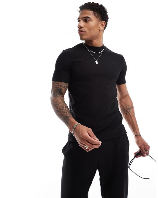 The Couture Club Black Co-ord Rib Textured T-shirt for men