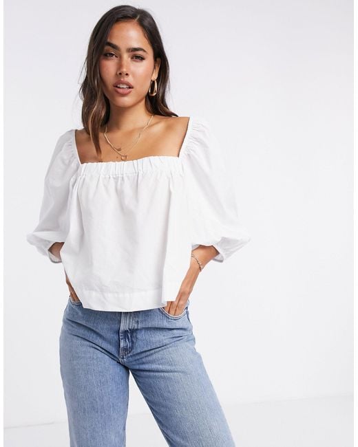 Mango White Poplin Square Neck Blouse With Puff Sleeves