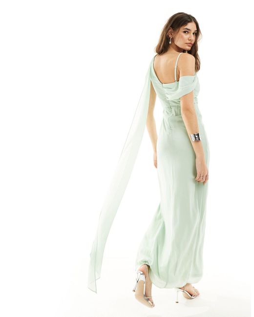 TFNC London Green Bridesmaid Chiffon Fallen Shoulder Maxi Dress With Drape Detail