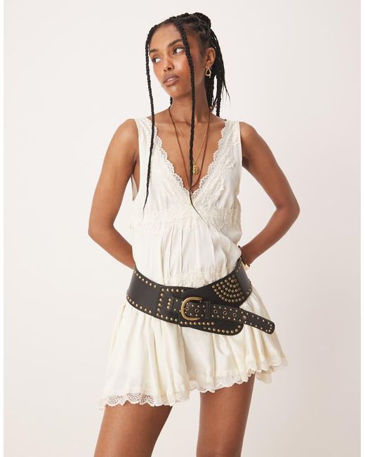 Free People Natural In This Groove Satin Mini Slip Dress In Ivory-white