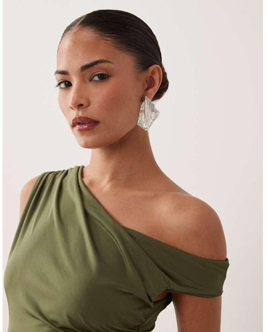 TFNC London Green Slinky Fallen Shoulder Thigh Split Maxi Dress