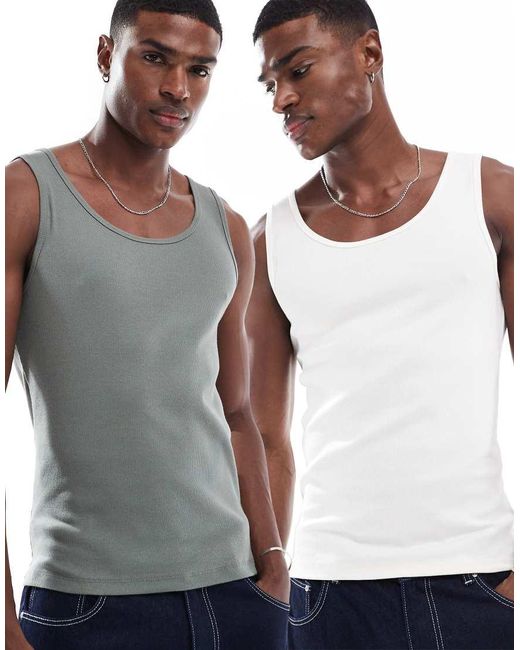ASOS Set Van 2 Muscle Fit Geribbelde Hemdjes in het Gray voor heren