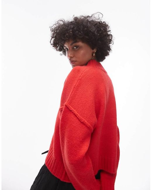 TOPSHOP Red Knitted High V-neck Clean Jumper