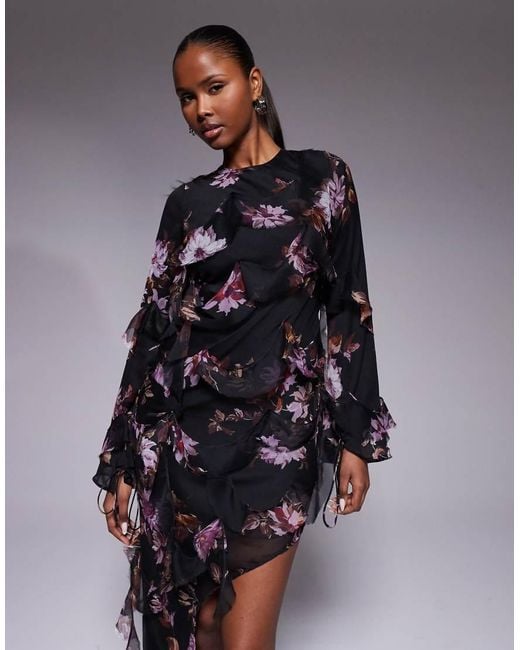 ASOS Brown Long Sleeve Open Back Raw Edge Ruffle Detail Midaxi Dress