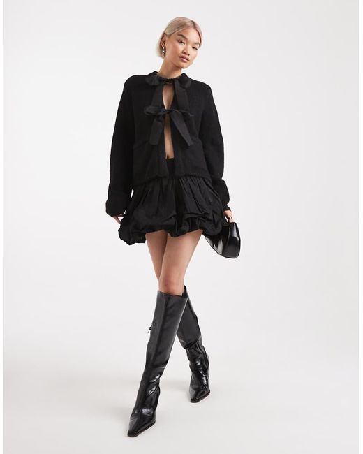 Object Black Oversized Satin Bow Knitted Cardigan
