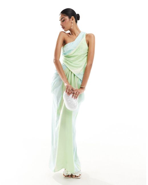 Robe longue et asymétrique effet drapé à jupe fluide et imprimé dégradé ASOS en coloris Green