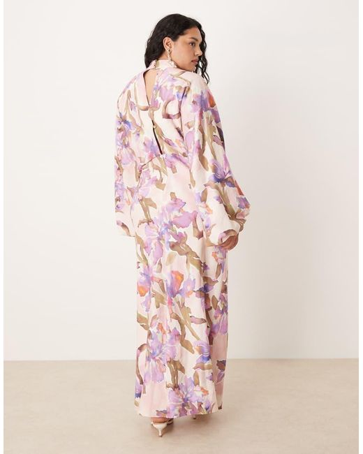 ASOS Pink Asos Design Curve High Neck Plunge Maxi Dress With Blouson Sleeves