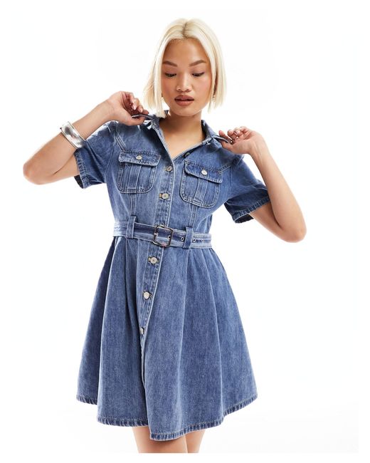 Urban Revivo Blue Button Through Denim Skater Skirt Mini Dress
